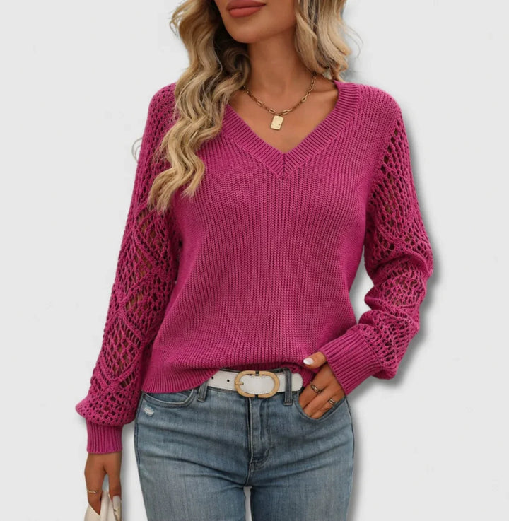 Women's V-Neck Knit Sweater – Open-Knit Long Sleeves