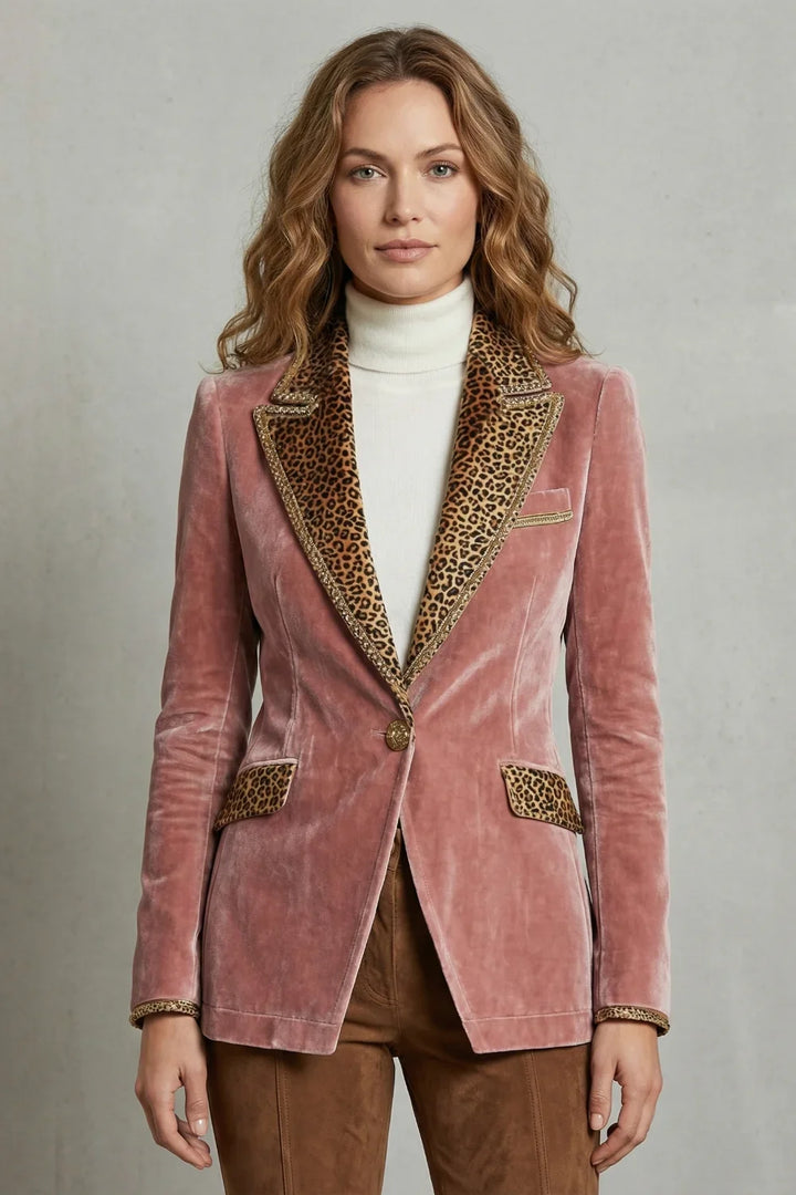 Women's Velvet Blazer – Leopard Print Lapels