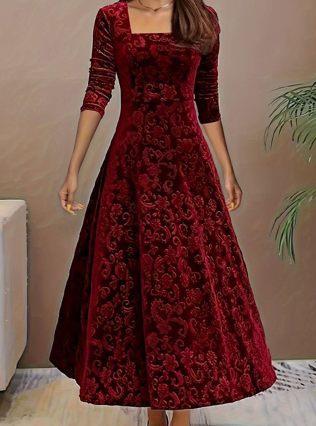 Women's Dress – Embossed Velvet Square-Neck A-Line Party