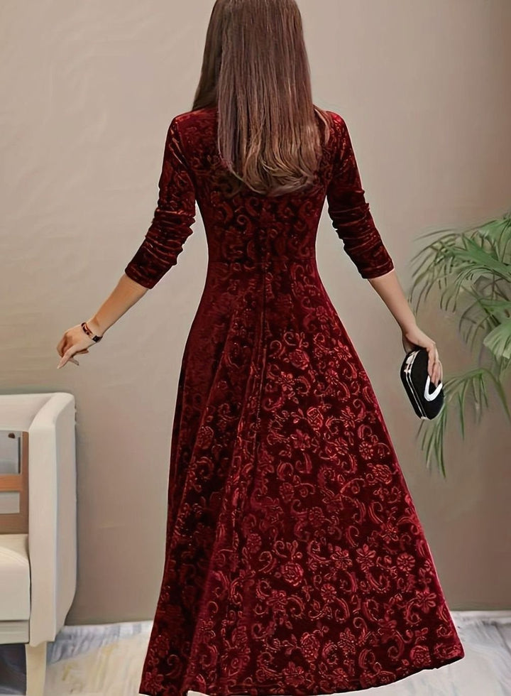 Women's Dress – Embossed Velvet Square-Neck A-Line Party