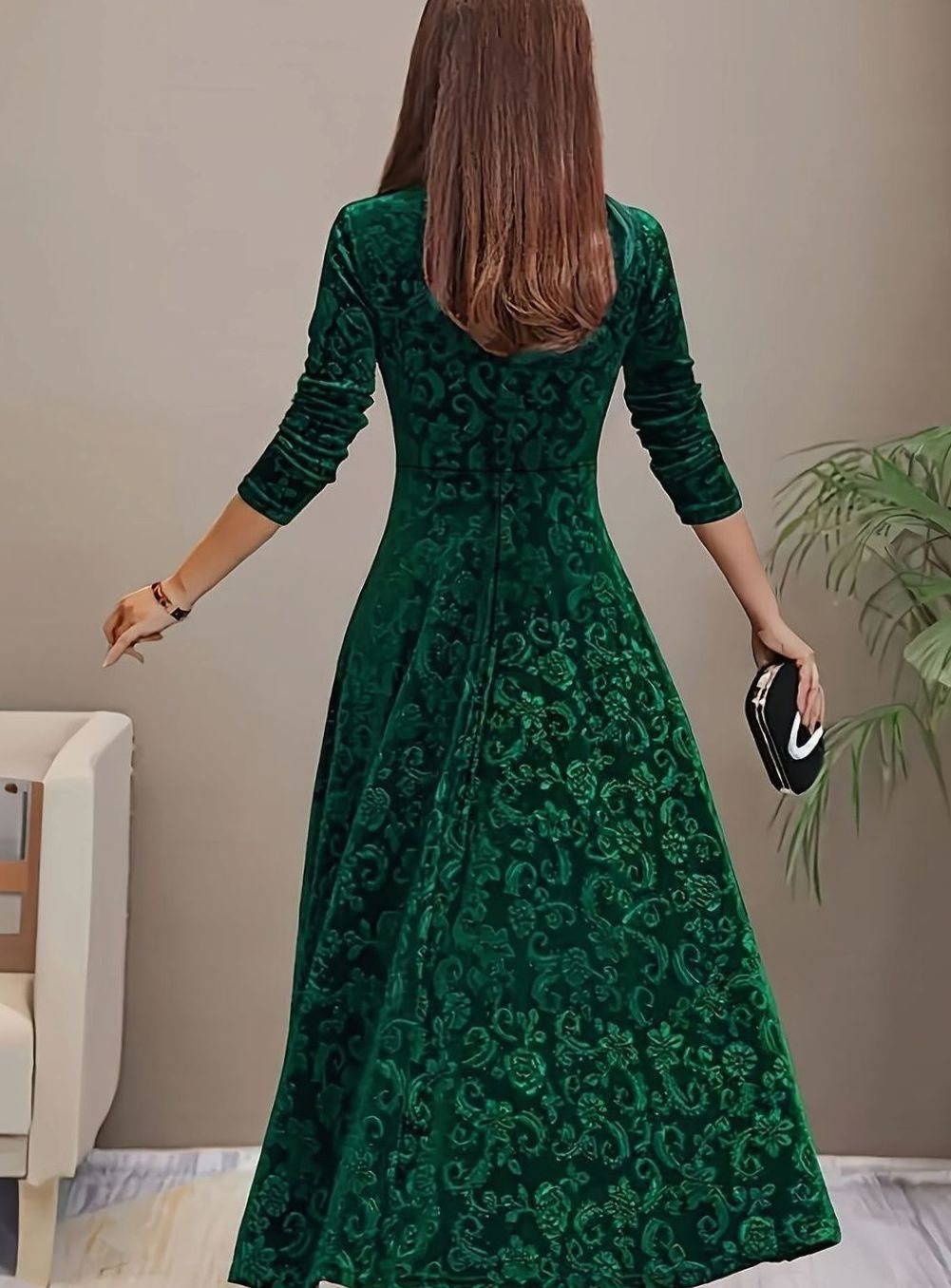 Women's Dress – Embossed Velvet Square-Neck A-Line Party