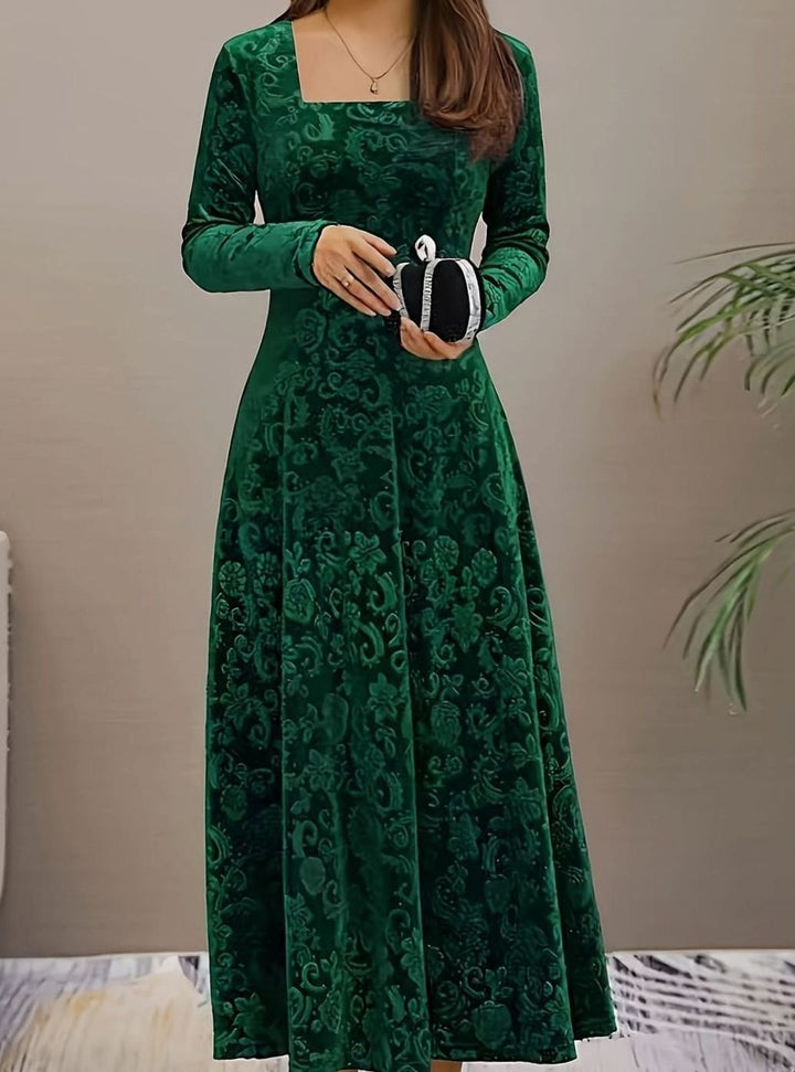 Women's Dress – Embossed Velvet Square-Neck A-Line Party