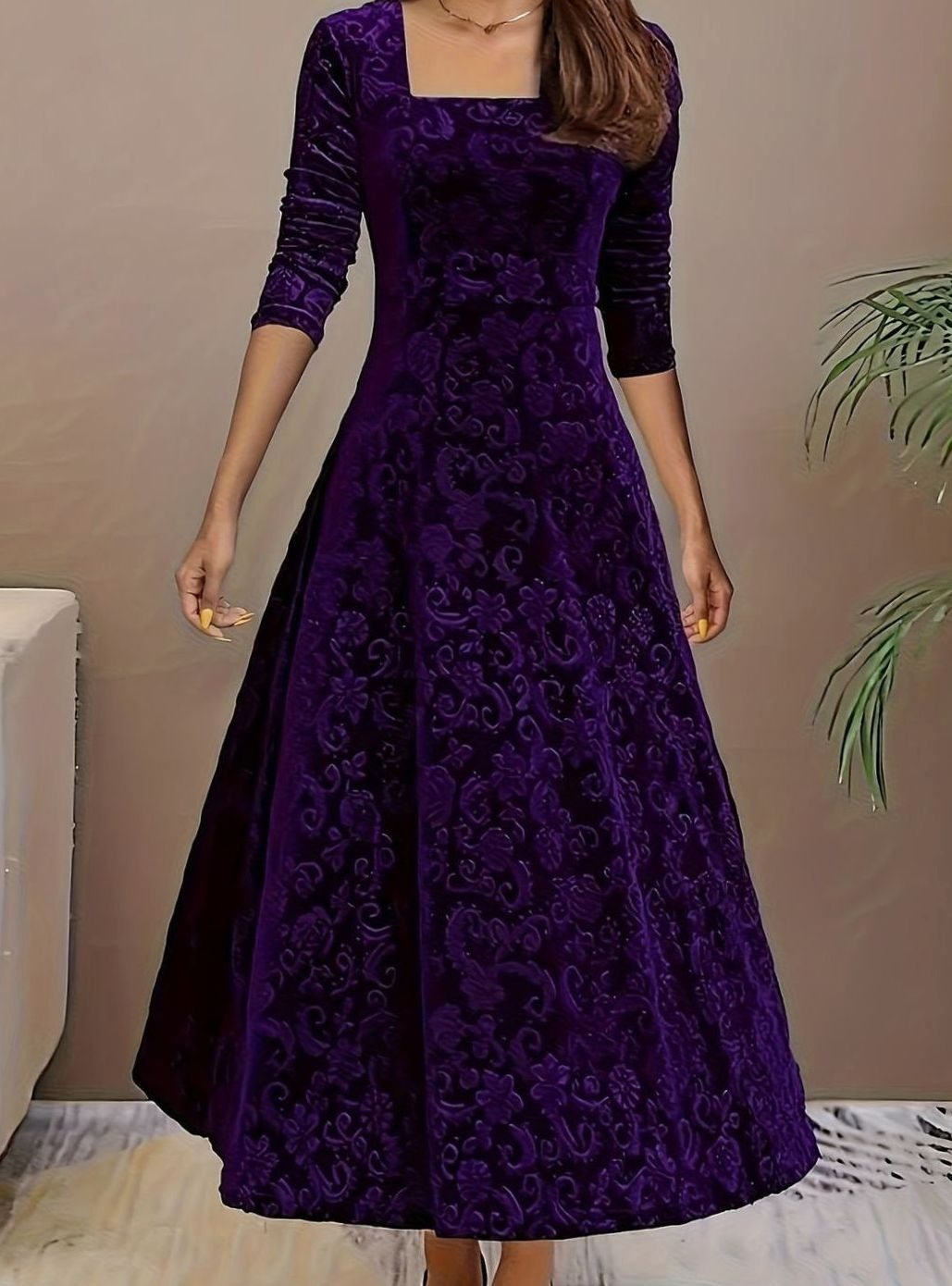 Women's Dress – Embossed Velvet Square-Neck A-Line Party