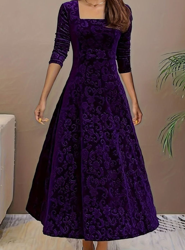 Women's Dress – Embossed Velvet Square-Neck A-Line Party