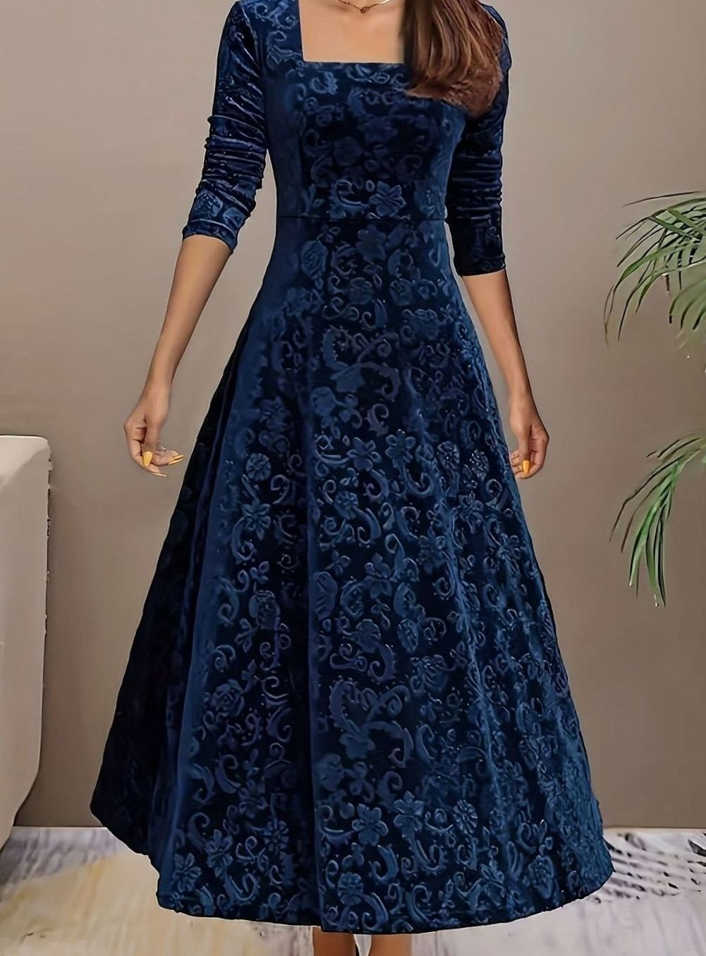 Women's Dress – Embossed Velvet Square-Neck A-Line Party