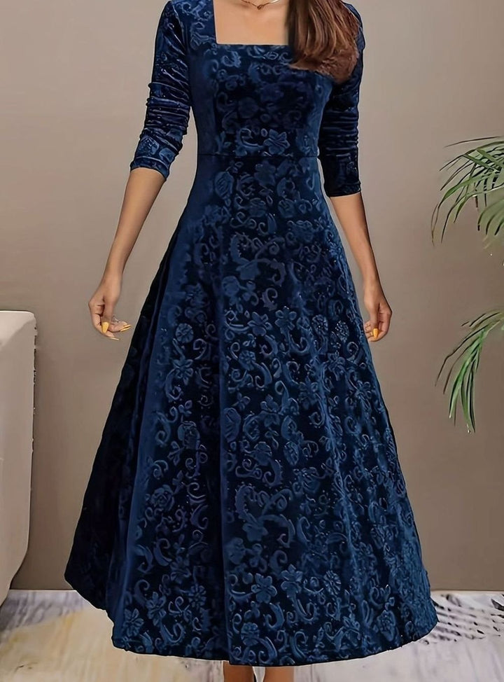 Women's Dress – Embossed Velvet Square-Neck A-Line Party