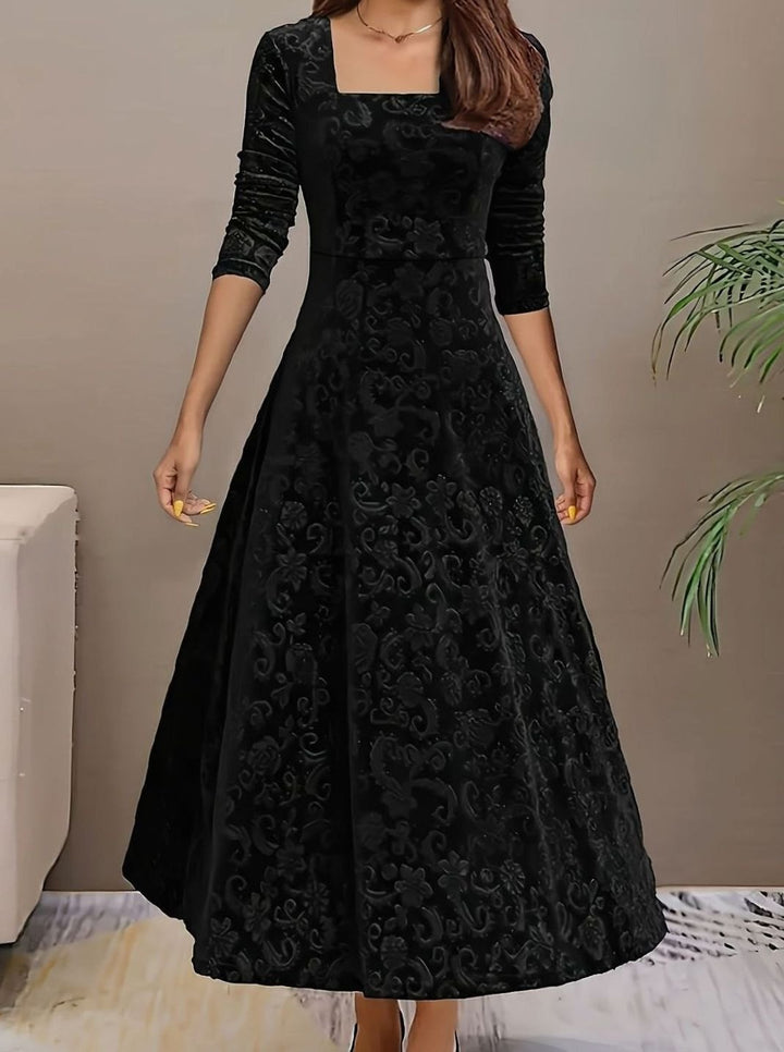 Women's Dress – Embossed Velvet Square-Neck A-Line Party