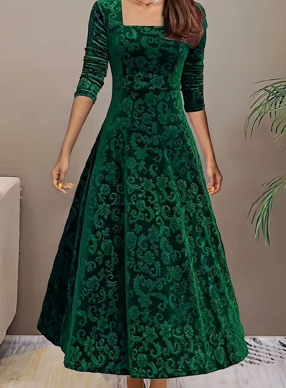 Women's Dress – Embossed Velvet Square-Neck A-Line Party