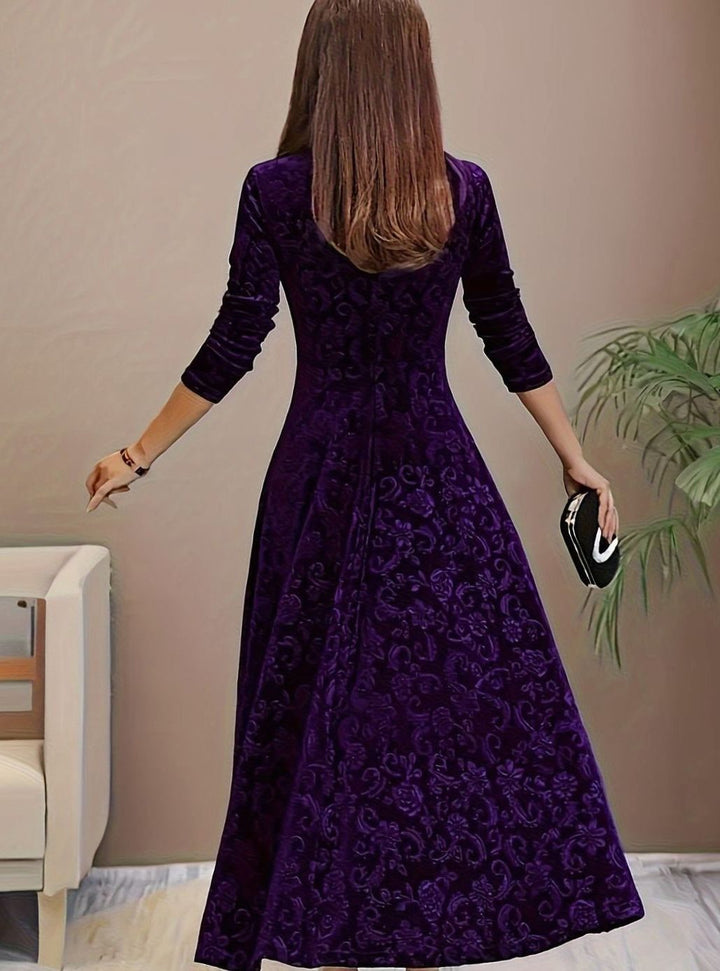 Women's Dress – Embossed Velvet Square-Neck A-Line Party