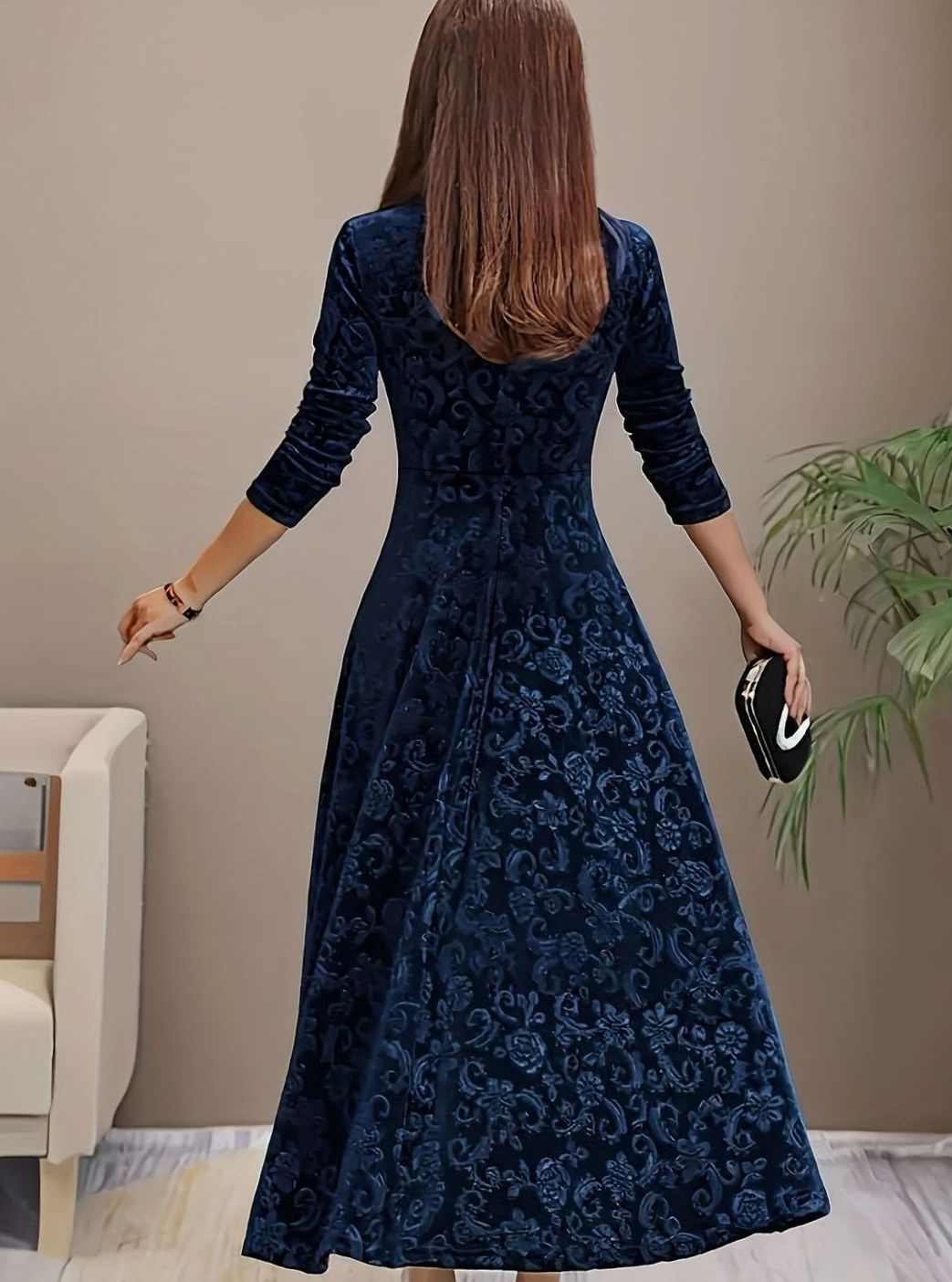 Women's Dress – Embossed Velvet Square-Neck A-Line Party