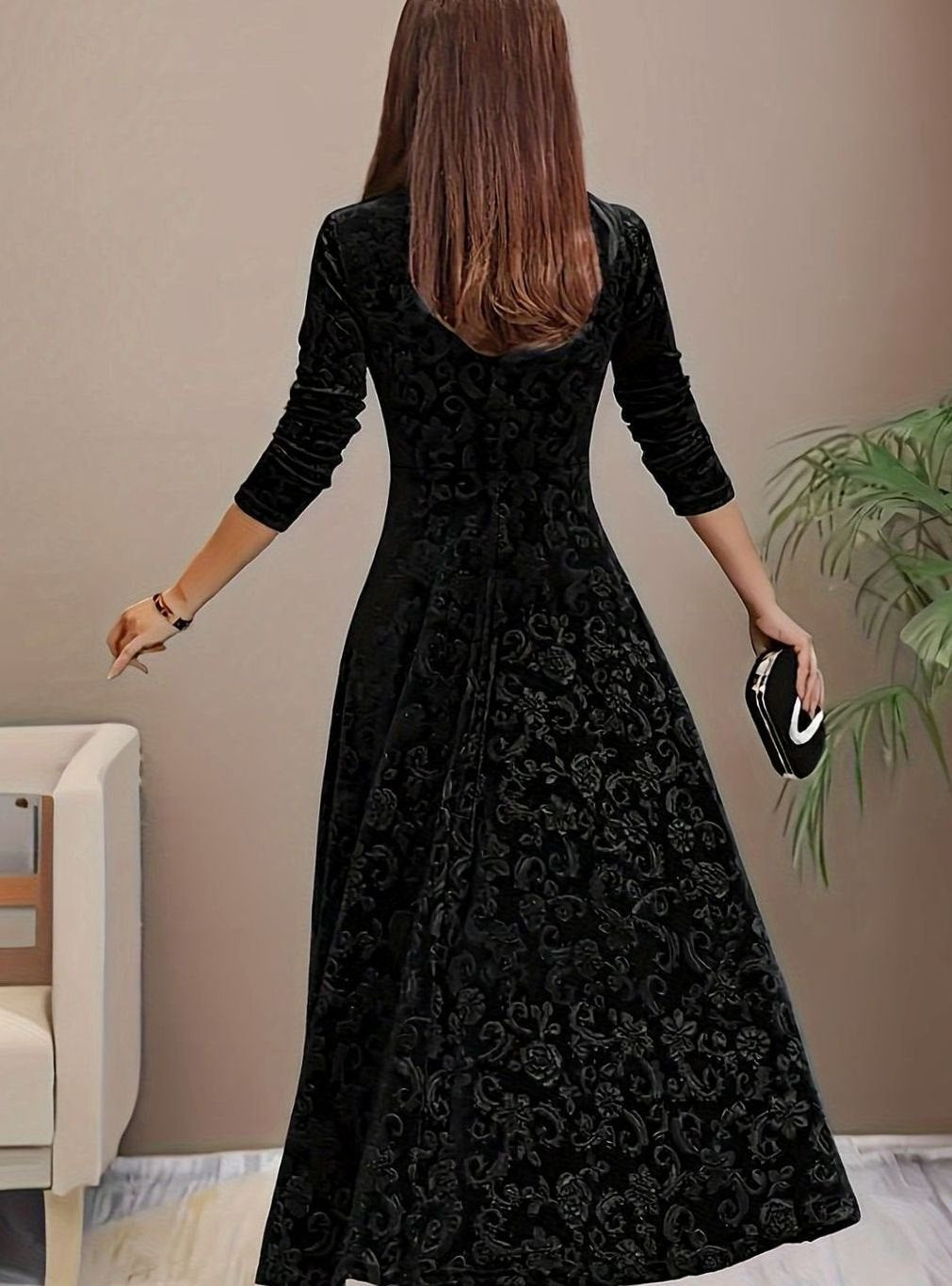 Women's Dress – Embossed Velvet Square-Neck A-Line Party