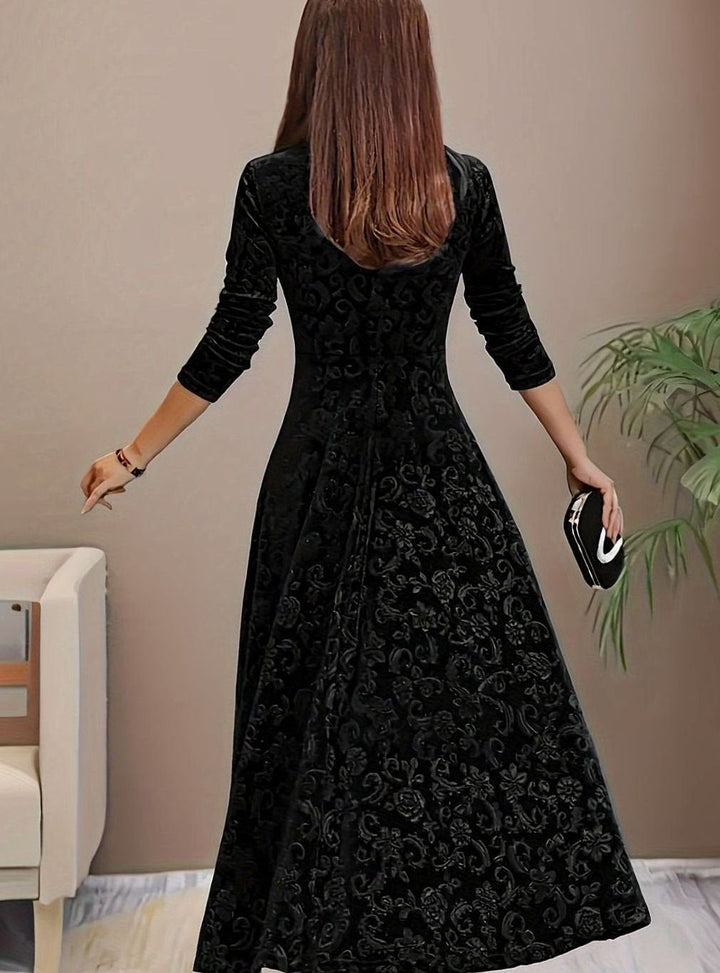Women's Dress – Embossed Velvet Square-Neck A-Line Party