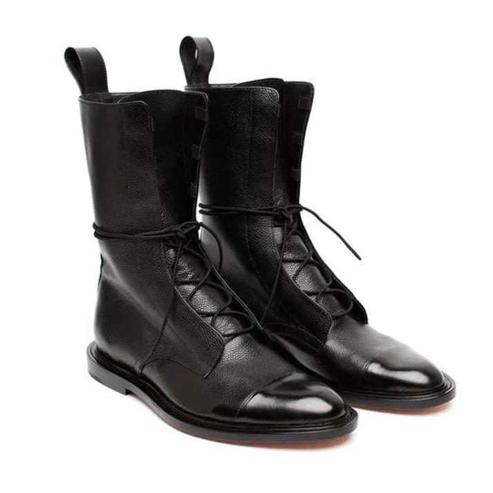 Women's Vintage-Inspired Mid-Calf Leather Boots – Lace-Up Contrast Cap-Toe