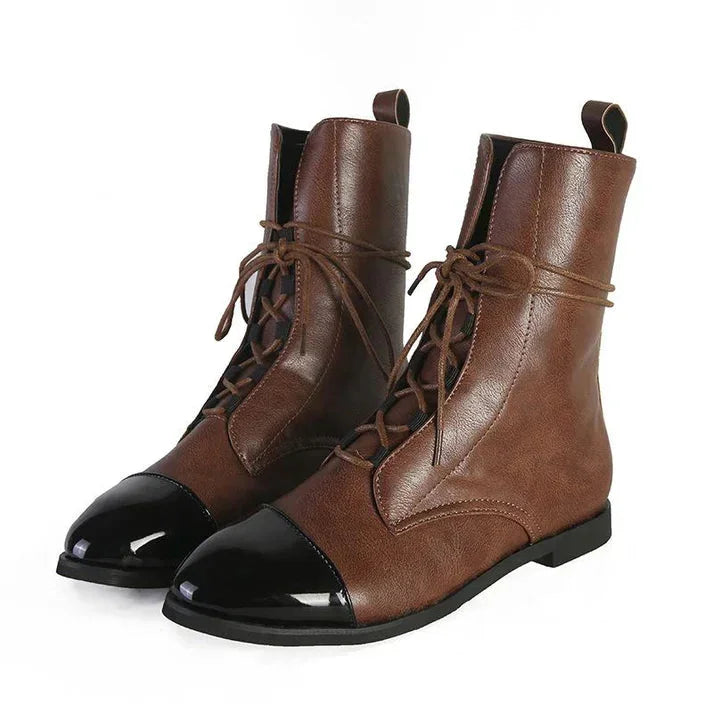 Women's Vintage-Inspired Mid-Calf Leather Boots – Lace-Up Contrast Cap-Toe