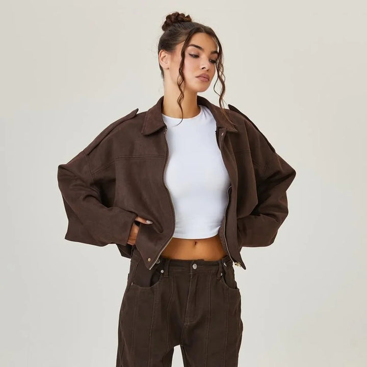 Women's Vintage-Inspired Oversized Faux Suede Bomber Jacket