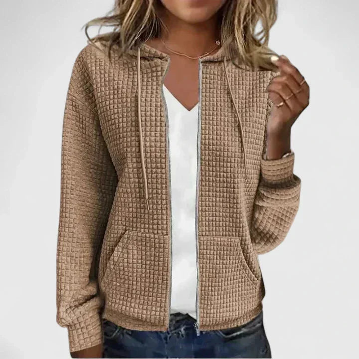 Women's Waffle-Knit Hooded Cardigan Sweater – Full-Zip Front Pockets