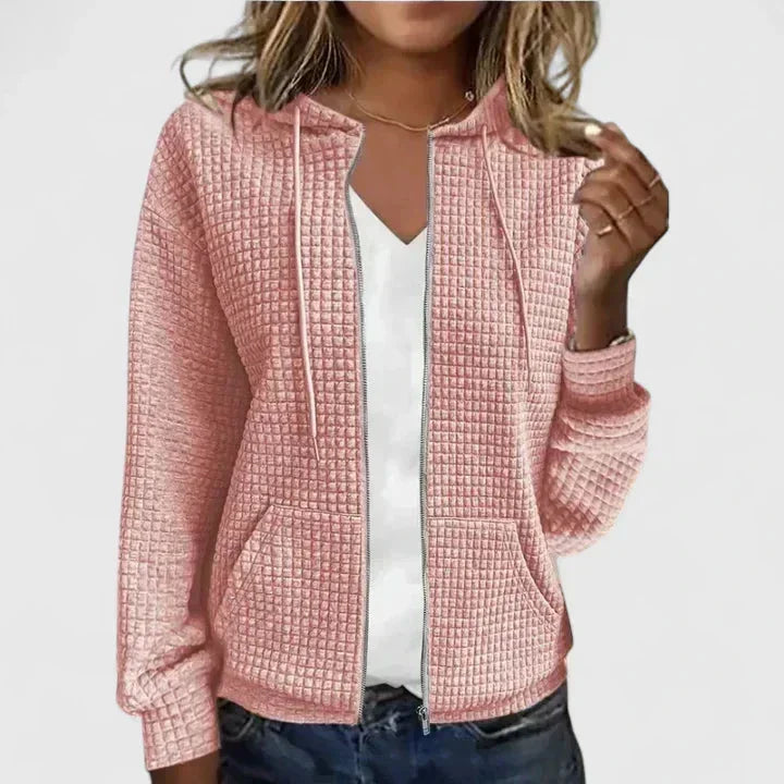 Women's Waffle-Knit Hooded Cardigan Sweater – Full-Zip Front Pockets