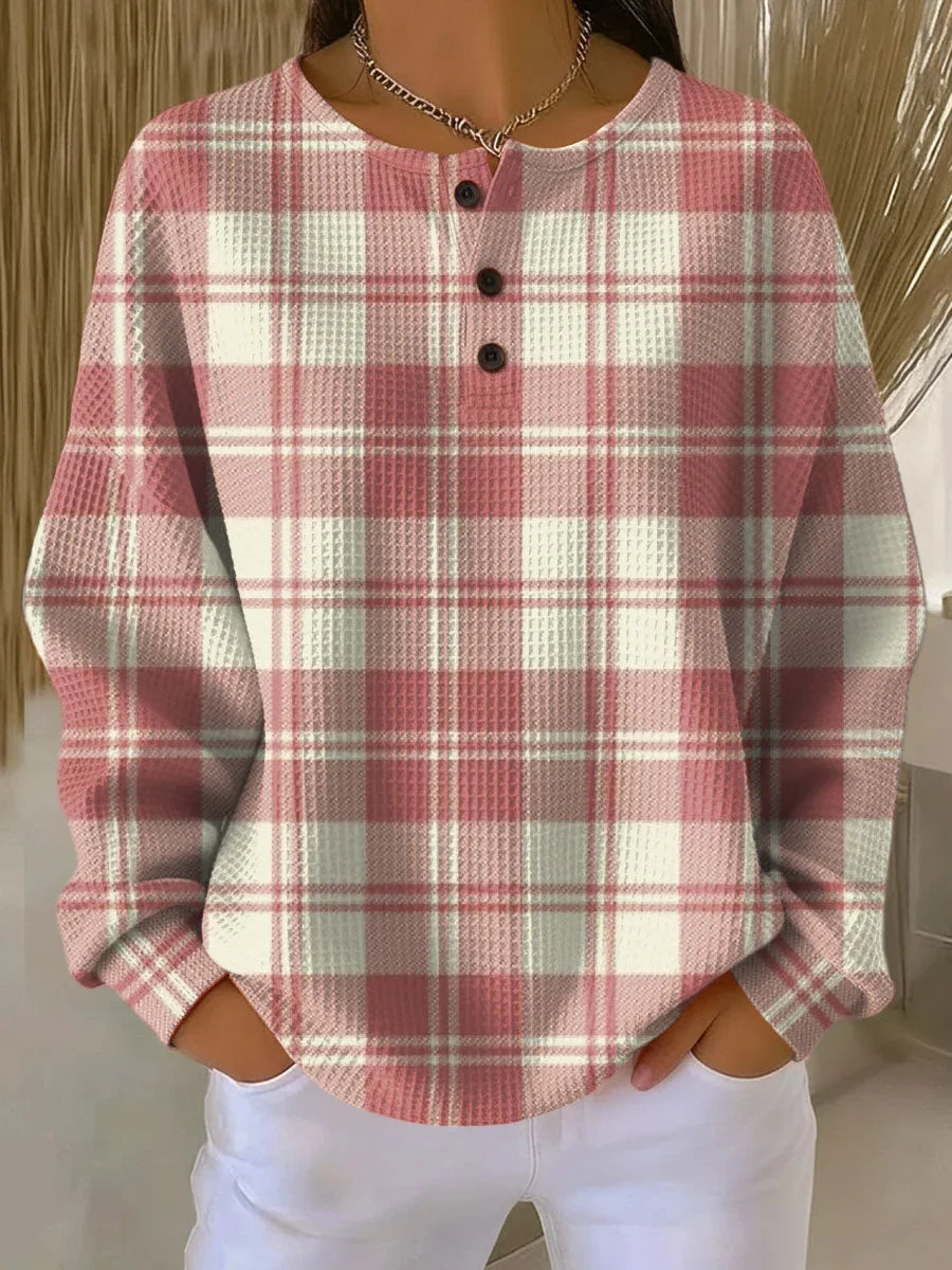 Women's Waffle-Knit Plaid Long-Sleeve Knit Sweater – Henley Buttons