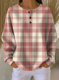 Women's Waffle-Knit Plaid Long-Sleeve Knit Sweater – Henley Buttons