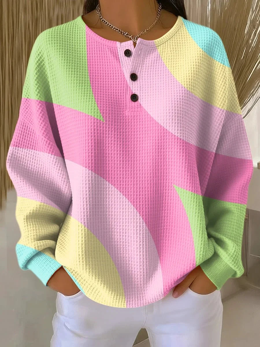 Women's Waffle Knit Sweater Long Sleeve Button Front Oversized