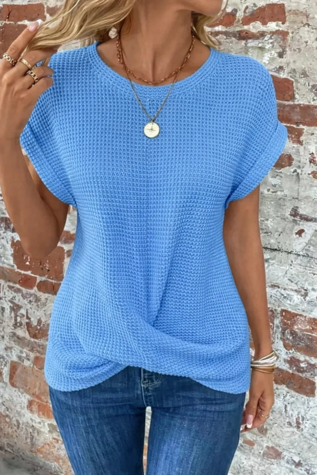 Women's Waffle Knit Sweater – Crew-Neck Short Sleeves And Front Twist