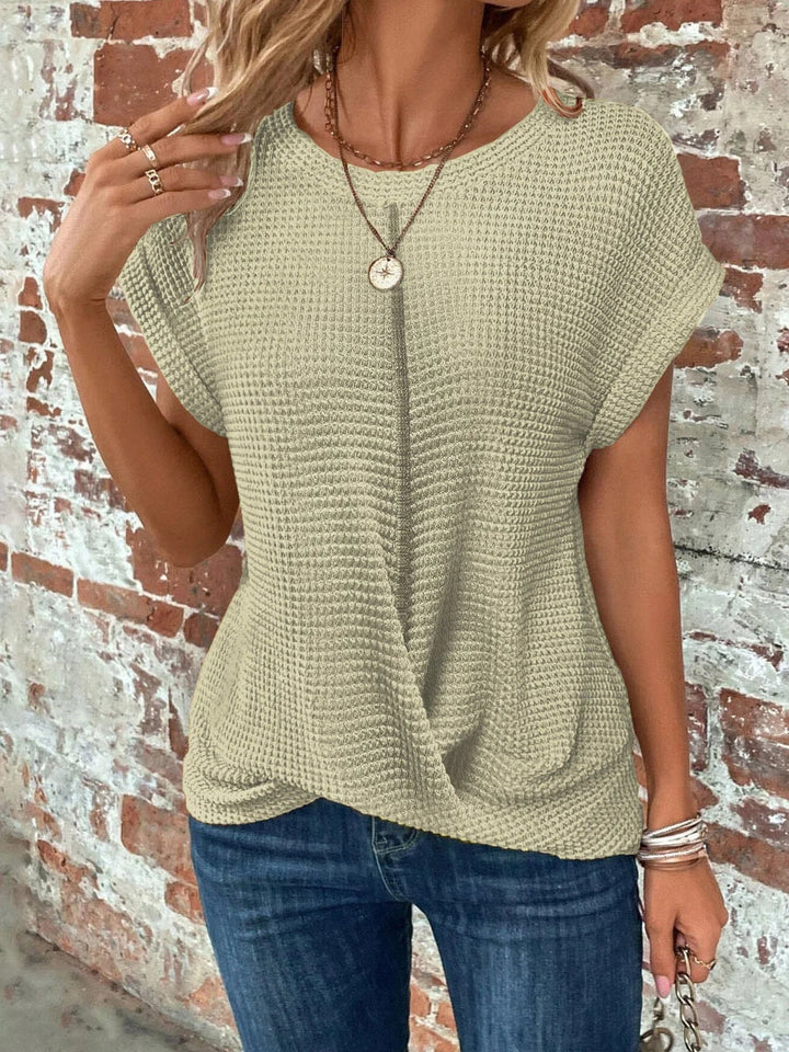 Women's Waffle Knit Sweater – Crew-Neck Short Sleeves And Front Twist