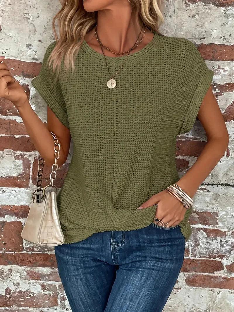 Women's Waffle Knit Sweater – Crew-Neck Short Sleeves And Front Twist