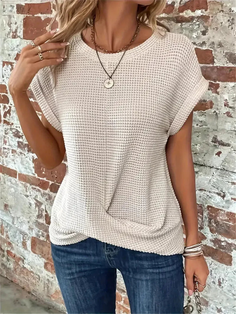 Women's Waffle Knit Sweater – Crew-Neck Short Sleeves And Front Twist