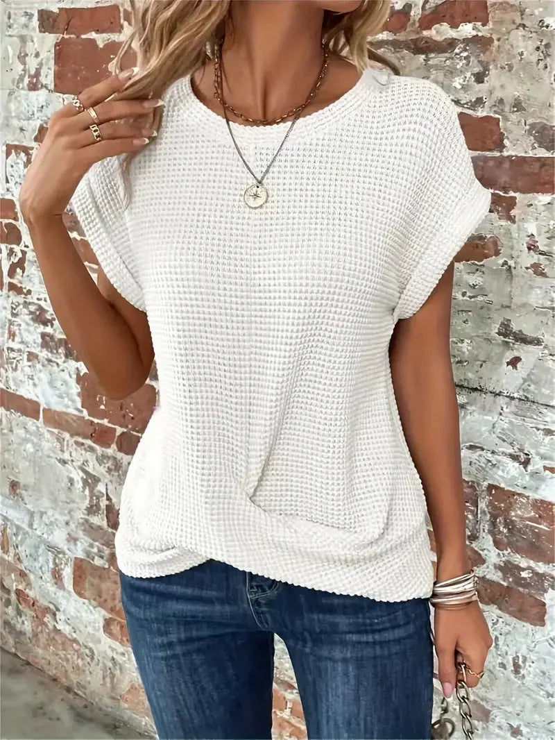 Women's Waffle Knit Sweater – Crew-Neck Short Sleeves And Front Twist
