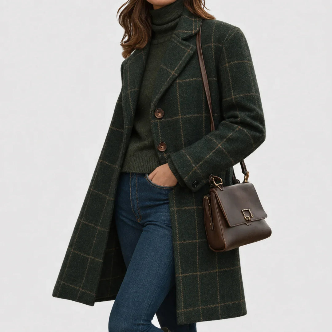 Women's Warm Blend Checkered Wool Coat – Button-Front And Lapel Collar