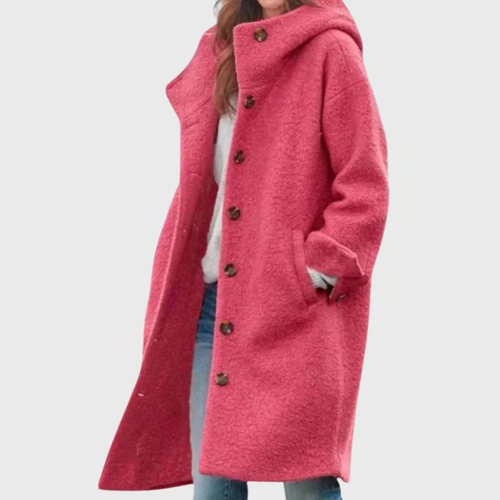 Women's Warm Classic Long Hooded Textured Wool Coat – Button-Front
