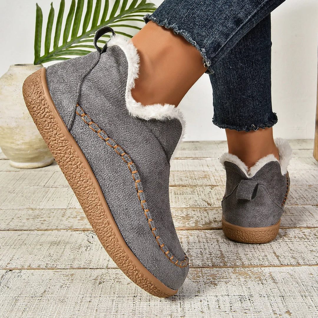 Women's Warm Fur-Lined Slip-On Ankle Boots – Thick Sole And Moc-Toe Stitching