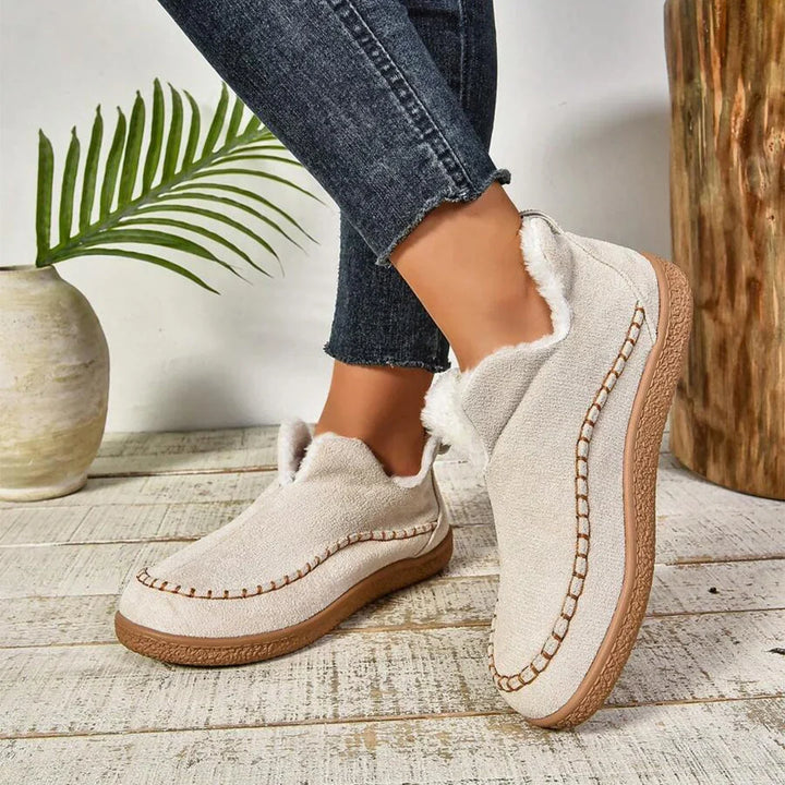 Women's Warm Fur-Lined Slip-On Ankle Boots – Thick Sole And Moc-Toe Stitching