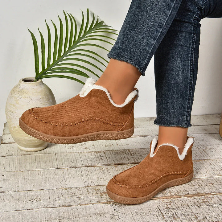 Women's Warm Fur-Lined Slip-On Ankle Boots – Thick Sole And Moc-Toe Stitching