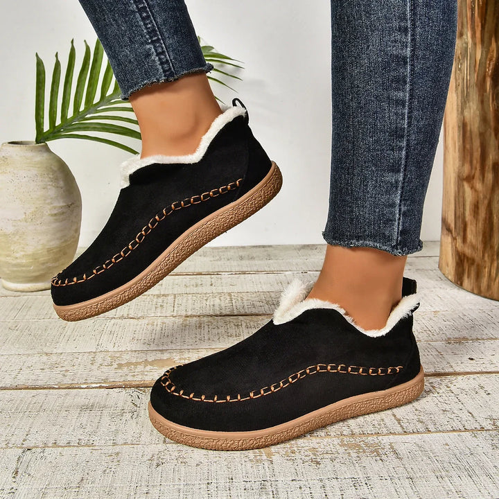 Women's Warm Fur-Lined Slip-On Ankle Boots – Thick Sole And Moc-Toe Stitching