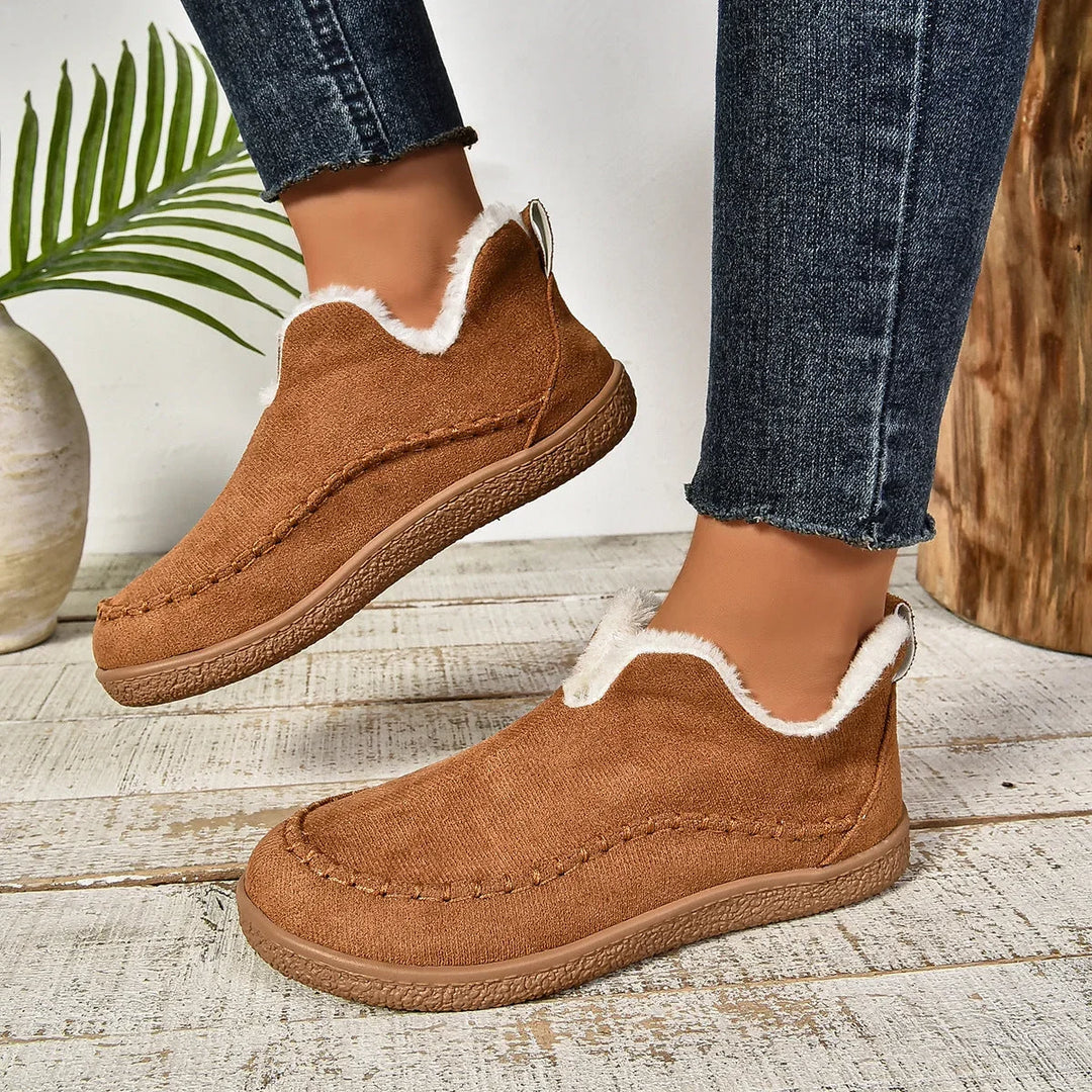 Women's Warm Fur-Lined Slip-On Ankle Boots – Thick Sole And Moc-Toe Stitching