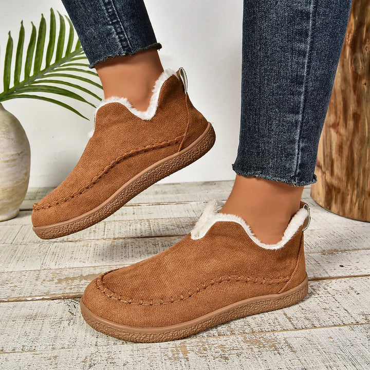 Women's Warm Fur-Lined Slip-On Ankle Boots – Thick Sole And Moc-Toe Stitching