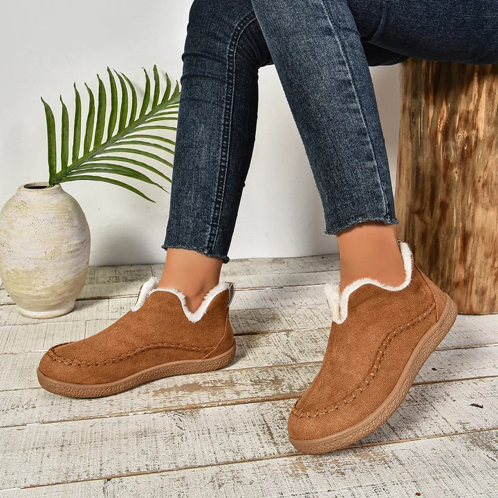 Women's Warm Fur-Lined Slip-On Ankle Boots – Thick Sole And Moc-Toe Stitching