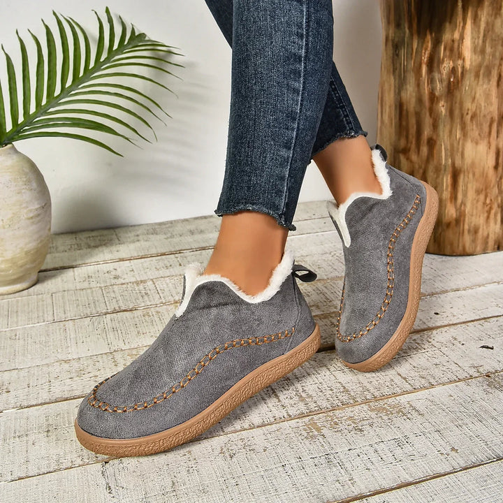 Women's Warm Fur-Lined Slip-On Ankle Boots – Thick Sole And Moc-Toe Stitching