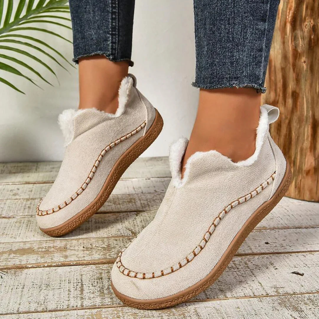 Women's Warm Fur-Lined Slip-On Ankle Boots – Thick Sole And Moc-Toe Stitching