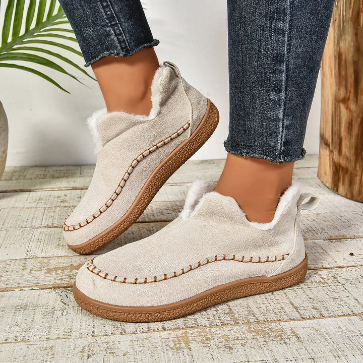 Women's Warm Fur-Lined Slip-On Ankle Boots – Thick Sole And Moc-Toe Stitching