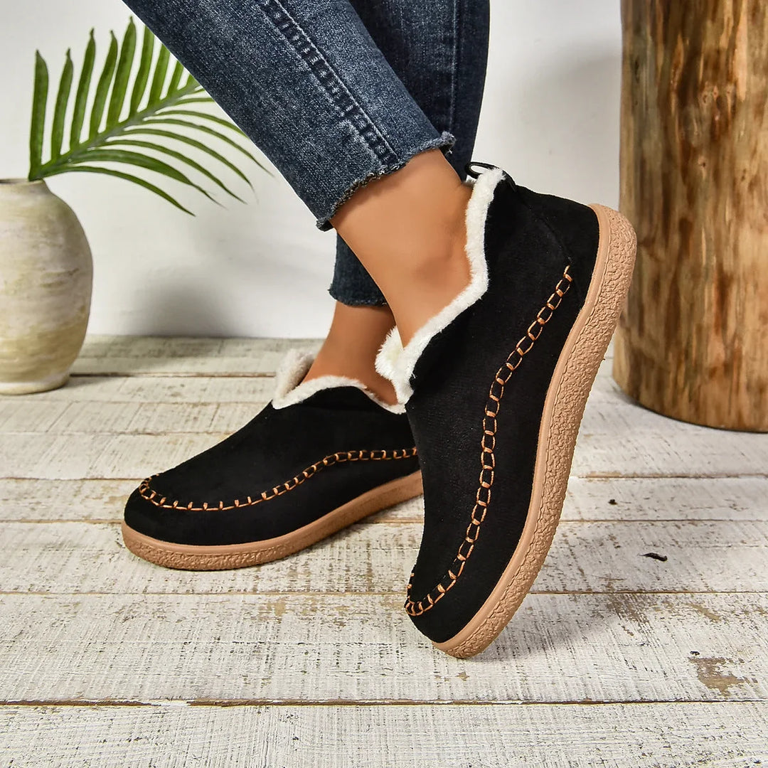 Women's Warm Fur-Lined Slip-On Ankle Boots – Thick Sole And Moc-Toe Stitching