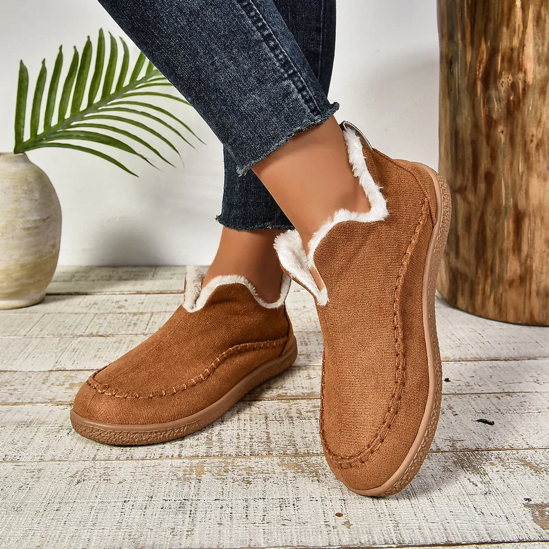 Women's Warm Fur-Lined Slip-On Ankle Boots – Thick Sole And Moc-Toe Stitching