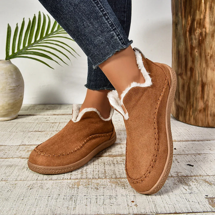 Women's Warm Fur-Lined Slip-On Ankle Boots – Thick Sole And Moc-Toe Stitching