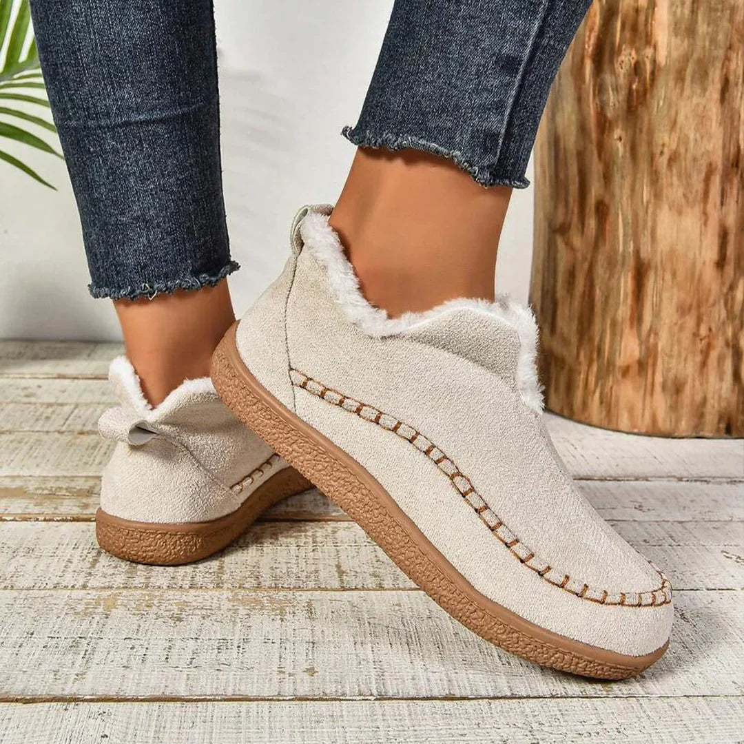 Women's Warm Fur-Lined Slip-On Ankle Boots – Thick Sole And Moc-Toe Stitching
