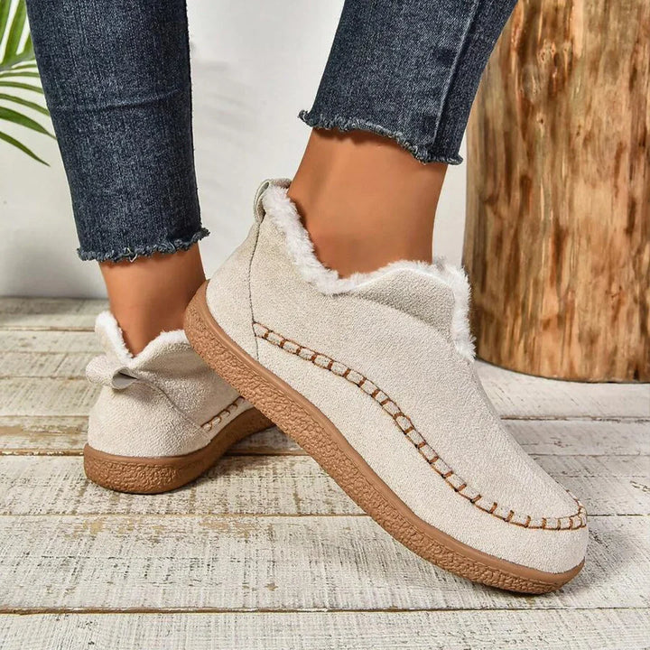 Women's Warm Fur-Lined Slip-On Ankle Boots – Thick Sole And Moc-Toe Stitching