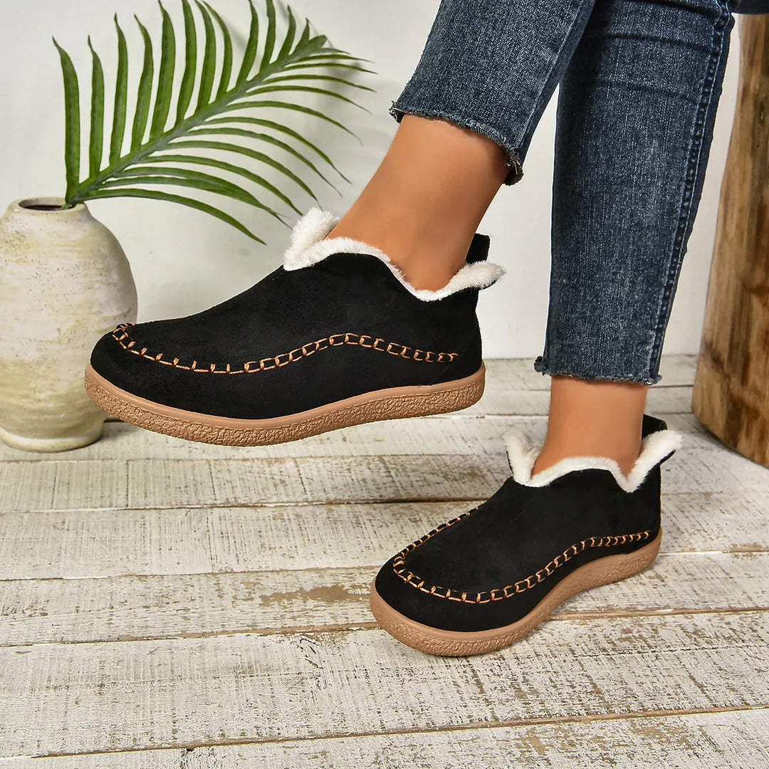 Women's Warm Fur-Lined Slip-On Ankle Boots – Thick Sole And Moc-Toe Stitching