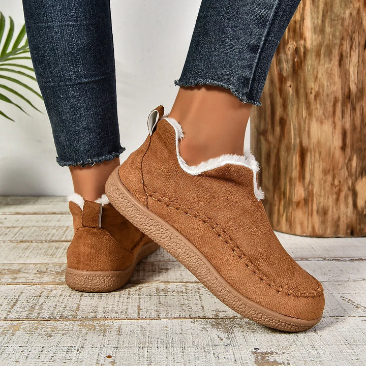 Women's Warm Fur-Lined Slip-On Ankle Boots – Thick Sole And Moc-Toe Stitching