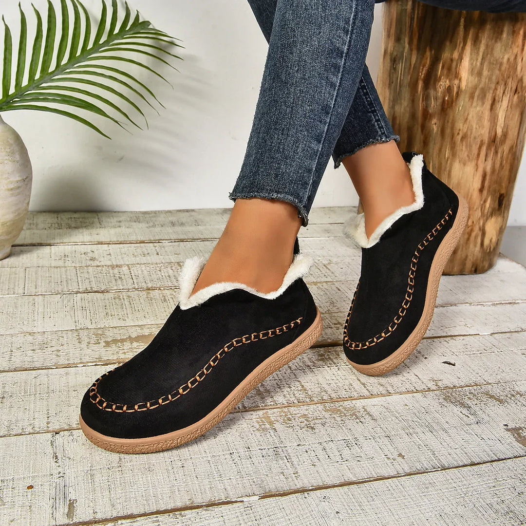 Women's Warm Fur-Lined Slip-On Ankle Boots – Thick Sole And Moc-Toe Stitching
