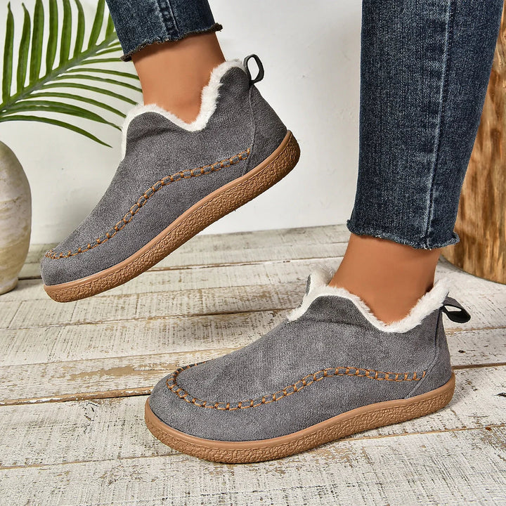 Women's Warm Fur-Lined Slip-On Ankle Boots – Thick Sole And Moc-Toe Stitching